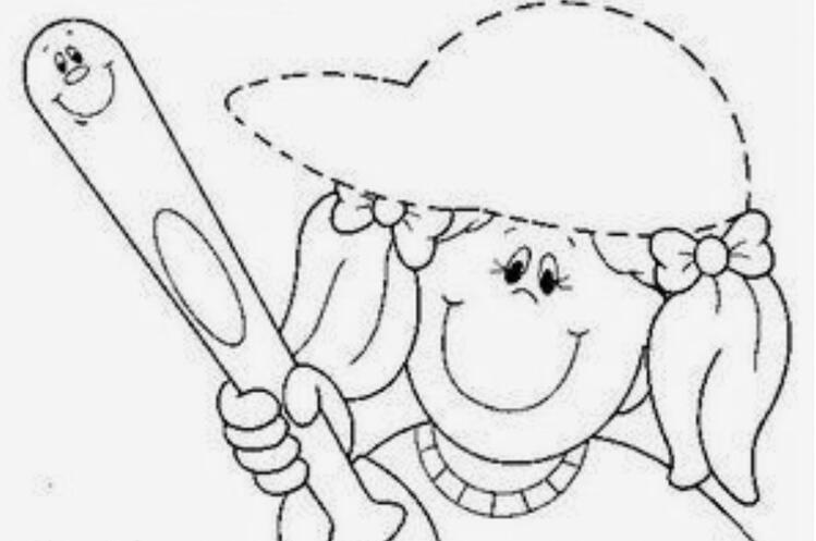 an illustration of a little girl wearing the dashed outline of a baseball hat. she's holding a baseball bat which has a face exactly like hers on the tip.